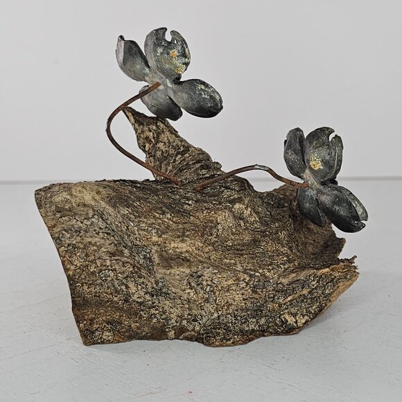 Handcrafted Metal Flower Sculpture On Driftwood Folk Art - Picture 3 of 8